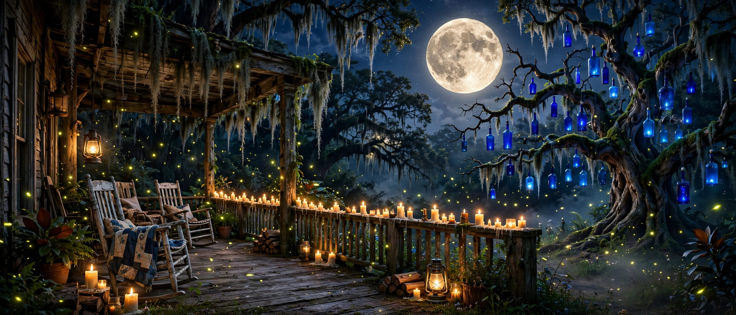 A first night on the porch — lanterns lit beneath the trees